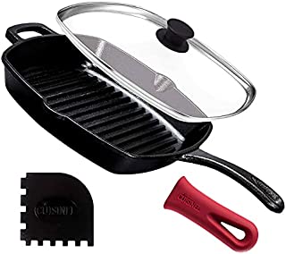 Cast Iron Square Grill Pan with Glass Lid - 10.5 Inch Pre-Seasoned Skillet with Handle Cover and Pan Scraper - Grill, Stovetop, Induction Safe - Indoor and Outdoor Use - for Grilling, Frying, Sauteing