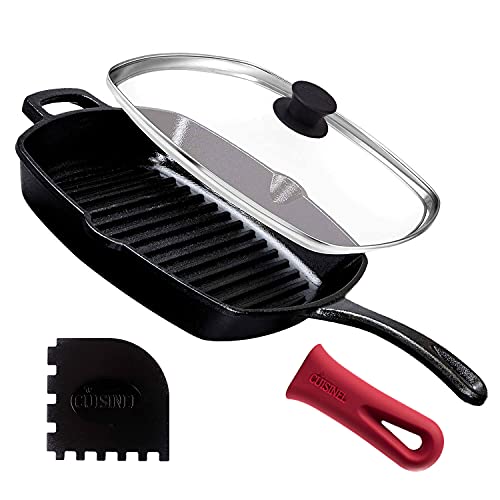 Cast Iron Square Grill Pan with Glass Lid - 10.5 Inch Pre-Seasoned Skillet with Handle Cover and Pan Scraper - Grill, Stovetop, Induction Safe - Indoor and Outdoor Use - for Grilling, Frying, Sauteing