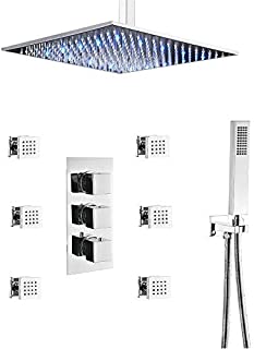 LED Rain Shower Head System Bathroom Brass Faucet Fixture Complete Kit with Thermostatic Pressure Blanced Mixing Valve (12 inch, Chrome)