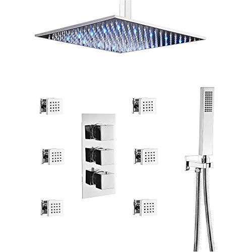 LED Rain Shower Head System Bathroom Brass Faucet Fixture Complete Kit with Thermostatic Pressure Blanced Mixing Valve (12 inch, Chrome)