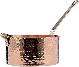 DEMMEX 1.2mm Thick Hammered Solid Unlined Uncoated Copper Sugar Sauce Zabaglione Candy Pan with Lid and Helper Handle, (1.7-Quart)