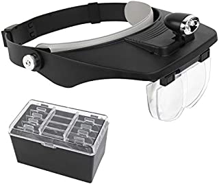 AZFUNN Lightweight Headband Magnifier with Light, 1.2X, 1.8X, 2.5X, 3.5X Lenses Dual Slot Head Mount Magnifier Glasses for Reading Close Work