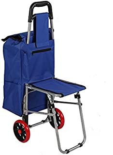 LUCKYERMORE Folding Shopping Cart with Seat Collapsible Grocery Carts Dolly with Blue Bag