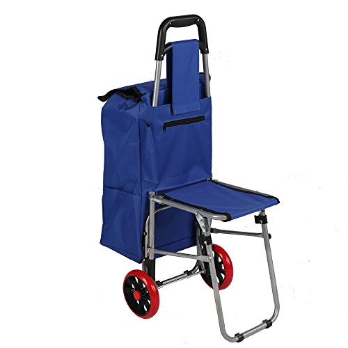 LUCKYERMORE Folding Shopping Cart with Seat Collapsible Grocery Carts Dolly with Blue Bag