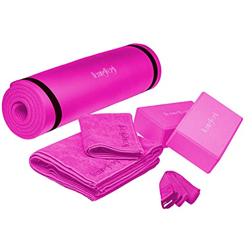 HemingWeigh Yoga Kit - Pink Yoga Mat Set Includes Carrying Strap, Yoga Blocks, Yoga Strap, and 2 Microfiber Yoga Towels - Yoga Gear and Accessories for Beginners and Experienced Yogis