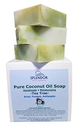 Splendor Tea Tree Coconut Oil Soap Bars with ORGANIC SPIRULINA. Handmade, Vegan, Natural, Moisturizing. Anti-fungal, Anti-bacterial, Acne, Eczema, Jock Itch and Body Odor for Hand, Body and Face