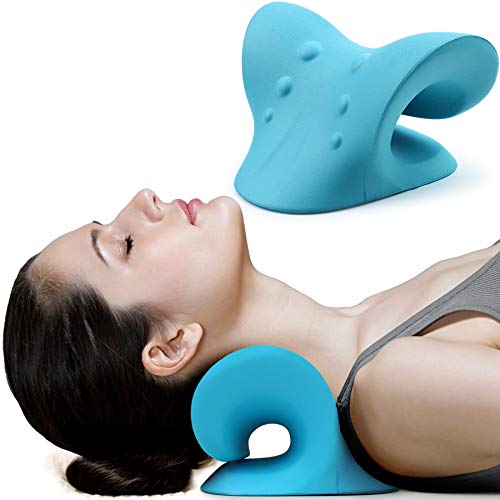 Neck and Shoulder Relaxer, Cervical Traction Device for TMJ Pain Relief and Cervical Spine Alignment, Chiropractic Pillow Neck Stretcher(Blue)