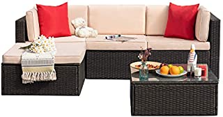 Tuoze 5 Pieces Patio Furniture Sectional Set Outdoor PE Rattan Wicker Lawn Conversation Sets Cushioned Garden Sofa Set with Glass Coffee Table (Beige)