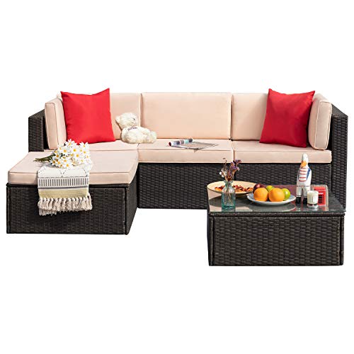 Tuoze 5 Pieces Patio Furniture Sectional Set Outdoor PE Rattan Wicker Lawn Conversation Sets Cushioned Garden Sofa Set with Glass Coffee Table (Beige)