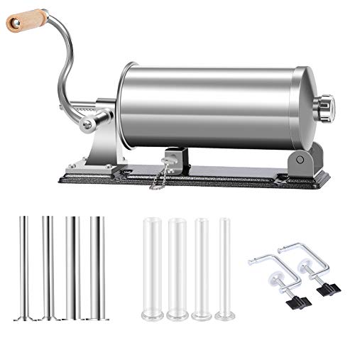 MASTER FENG Sausage Stuffer - Stainless Steel Homemade Manual Sausage Maker Horizontal Meat Filling Kitchen Machine, Packed 8 Stuffing Tubes (6 LBS /3.5L Horizontal)