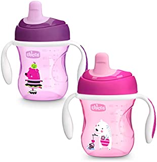 Chicco Semi-Soft Spout Spill Free Baby Trainer Sippy Cup, 6 Months, Pink/Purple, 7 Ounce (Pack of 2)