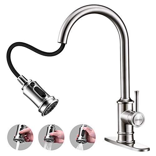 Kitchen Sink Faucet - WaterSong Kitchen Faucet with Pull Down Sprayer, Brushed Nickel Kitchen Faucet Single Handle, Stainless Steel 1Hole RV Farmhouse Kitchen Sink Faucet with Deck Plate, 100% No-Lead