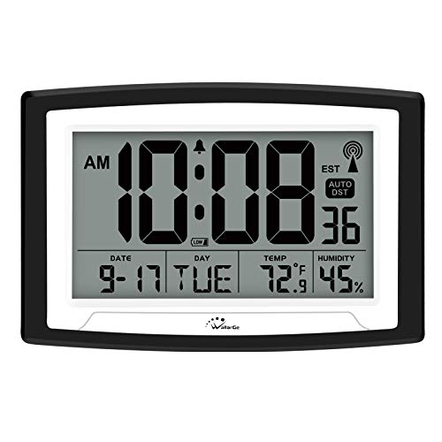 WallarGe Atomic Clock,Digital Wall Clock or Desk Clock,Battery Operated,Self-Setting Digital Alarm Days Clock Large Display for Seniors,Temperature, Humidity and Date,Auto DST.