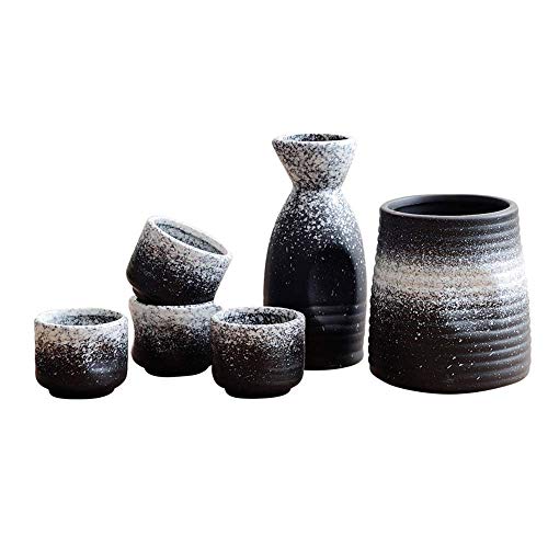 KAUTO Japanese Sake Wine Set - Ceramic White Wine Antique Wine Cellar Pots for The Budget - Free Wine Stoppers 5-Piece Set