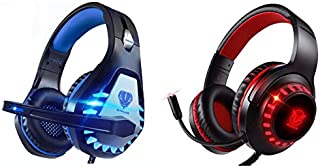 2 Pairs of Pacrate PS4 Headset with Microphone for Laptop PC Xbox One Headset Gaming Headset with Microphone Computer Noise Isolating Gaming Headphones for Kids Adults LED Lights Deep Bass (Blue+Red)