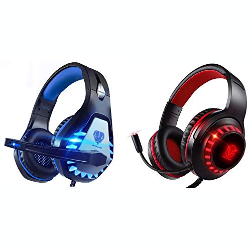 2 Pairs of Pacrate PS4 Headset with Microphone for Laptop PC Xbox One Headset Gaming Headset with Microphone Computer Noise Isolating Gaming Headphones for Kids Adults LED Lights Deep Bass (Blue+Red)