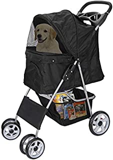 Foldable Pet Dog Stroller for Cats and Dog Four Wheels Carrier Strolling Cart with Weather Cover, Storage Basket + Cup Holder