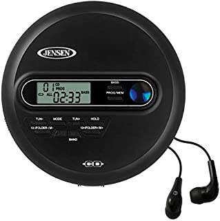 Jensen Portable CD Player Personal CD/MP3 Player + AM/FM Radio + with LCD Display Bass Boost 60-Second Anti Skip CD R/RW/Compatible+ Sport Earbuds Included (Limited Edition Black Series)