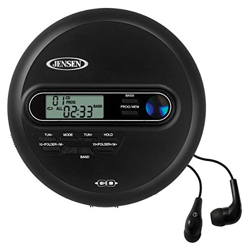 Jensen Portable CD Player Personal CD/MP3 Player + AM/FM Radio + with LCD Display Bass Boost 60-Second Anti Skip CD R/RW/Compatible+ Sport Earbuds Included (Limited Edition Black Series)