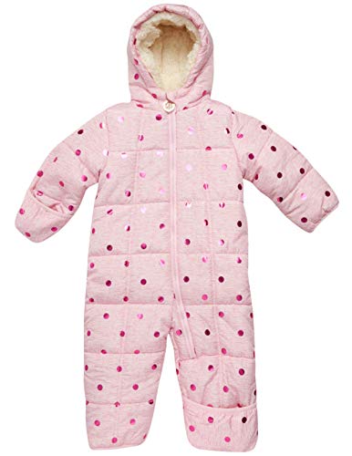 DKNY Baby Girls Cozy Puffer Fully Sherpa Fur Lined Snowsuit Pram with Fur Trim Hood (Infant/Newborn) (Heather Pink, 6-9 Months)