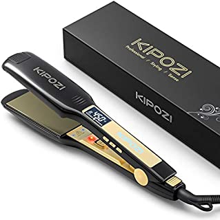 KIPOZI Professional Titanium Flat Iron Hair Straightener with Digital LCD Display, Dual Voltage, Instant Heating, 1.75 Inch Wide Black.