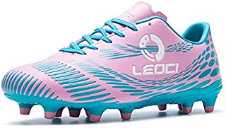 LEOCI Men's Women's Firm Ground Soccer Cleats Outdoor/Indoor Boys Girls Professional Futsal Football Training Sneakers (6 Boys/Girls/Women, Pink)