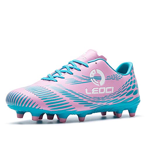 LEOCI Men's Women's Firm Ground Soccer Cleats Outdoor/Indoor Boys Girls Professional Futsal Football Training Sneakers (6 Boys/Girls/Women, Pink)