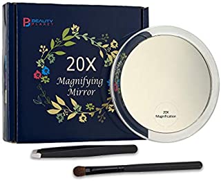 20x Magnifying Mirror with 3 Suction Cups, Use for Makeup Application, Tweezing, and Blackhead/Blemish Removal.Comes with 1PC Storage Bag, 1PC Tweezer, 1PC Reminder Card. 4Inches.