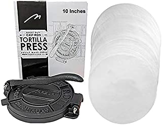 Heavy Duty Pre-seasoned Cast Iron 10 Inches Maquina Tortilla Press Maker Roti Pita Pataconera with 100 parchment paper. Free Replacement, If Damaged in 30 Days