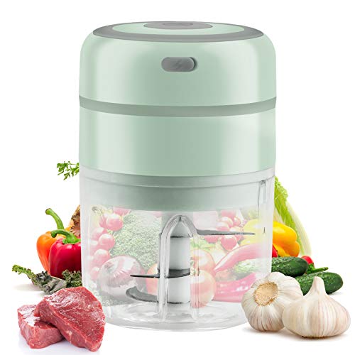 Domccy Electric Mini Garlic Chopper, 250ml Food Mincer with Three Powerful Blade, Wireless Portable Food Processor for Fruits, Vegetables Salad, Chili, Onions, Nuts, Pepper, Ginger Green