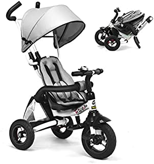 Costzon Baby Tricycle, 6-in-1 Foldable Steer Stroller, Learning Bike w/Detachable Guardrail, Adjustable Canopy, Safety Harness, Folding Pedal, Storage Bag, Brake, Shock Absorption Design (Gray)