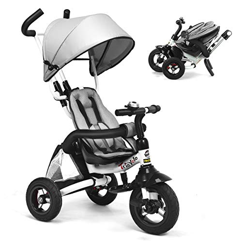 Costzon Baby Tricycle, 6-in-1 Foldable Steer Stroller, Learning Bike w/Detachable Guardrail, Adjustable Canopy, Safety Harness, Folding Pedal, Storage Bag, Brake, Shock Absorption Design (Gray)