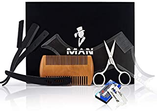 Premium Beard Grooming Kit for Men,Includes professional straight edge razor transparent beard styling template, Anti-static beard comb, 10 Count of double edge blade & Stainless steel scissors