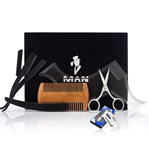 Premium Beard Grooming Kit for Men,Includes professional straight edge razor transparent beard styling template, Anti-static beard comb, 10 Count of double edge blade & Stainless steel scissors