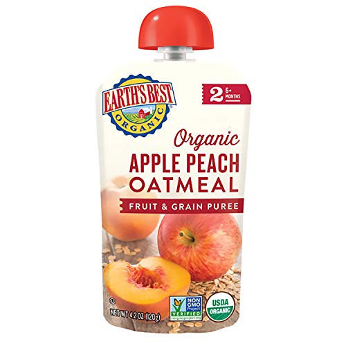 Earth's Best Organic Stage 2 Baby Food, Apple and Peach Oatmeal, 4.2 Oz Pouch (Pack of 12)