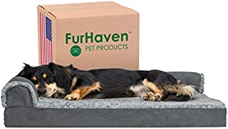 Furhaven Pet Dog Bed - Deluxe Orthopedic Two-Tone Plush and Suede L Shaped Chaise Lounge Living Room Corner Couch Pet Bed with Removable Cover for Dogs and Cats, Stone Gray, Medium