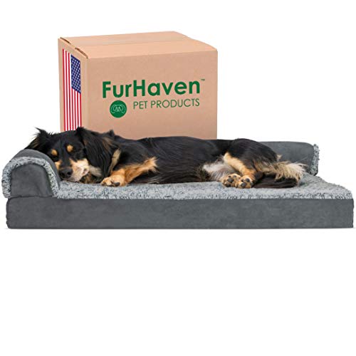 Furhaven Pet Dog Bed - Deluxe Orthopedic Two-Tone Plush and Suede L Shaped Chaise Lounge Living Room Corner Couch Pet Bed with Removable Cover for Dogs and Cats, Stone Gray, Medium