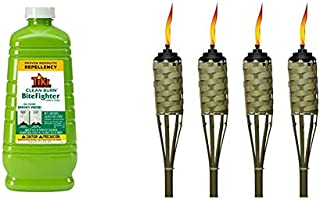 TIKI Brand Clean Burn BiteFighter Mosquito Repellent Torch Fuel, 64 Ounces & Brand 57-Inch Luau Bamboo Torches - 4 Pack