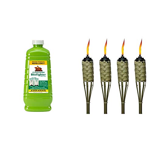 TIKI Brand Clean Burn BiteFighter Mosquito Repellent Torch Fuel, 64 Ounces & Brand 57-Inch Luau Bamboo Torches - 4 Pack