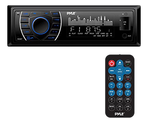 Pyle Bluetooth Marine Receiver Stereo - 12v Single DIN Style Boat In dash Radio Receiver System with Digital LCD, RCA, MP3, USB, SD, AM FM Radio - Remote Control, Wiring Harness - PLRMR27BTB (Black)