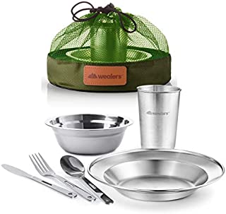 Unique Complete Messware Kit Polished Stainless Steel Dishes Set| Tableware| Dinnerware| Camping| Includes - Cups | Plates| Bowls| Cutlery| Comes in Mesh Bags (Single Person Green)