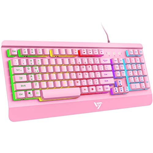 VictSing USB Keyboard, Computer Keyboard Wired, Backlight Gaming Keyboard with Metal-Panel, Quiet Keyboard for PC/Mac Game, Office Typing, Pink