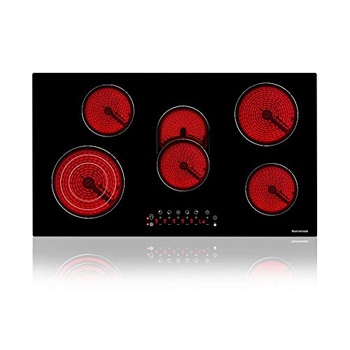 Electric Cooktop, thermomate 36 Inch Built-in Radiant Electric Stove Top, 240V Ceramic Electric Stove with 5 Burners, 9 Heating Level, Timer & Kid Safety Lock, Sensor Touch Control