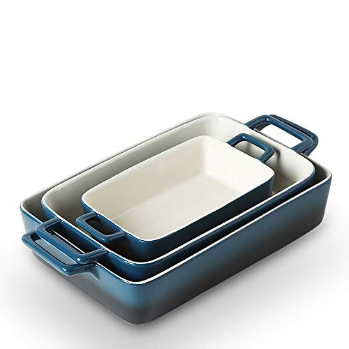 KOOV Bakeware Set, Ceramic Baking Dish, Rectangular Baking Pans Set, Casserole Dish for Cooking, Cake Dinner, Kitchen, Wrapping Upgrade, 12 x 8.5 Inches, 3-Piece (Gradient Blue)