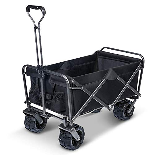 TOOCA Heavy Duty Collapsible Folding Wagon Cart Outdoor Beach Wagon Garden Cart with Wide All Terrain Universal Wheels Adjustable Handle 265 Pound Capacity for Grocery Camping Gardening Beach, Black