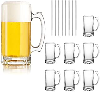 Beer Mugs Set,Glass Mugs With Handle 16oz,Large Beer Glasses For Freezer,Beer Cups Drinking Glasses 500ml,Pub Drinking Mugs Stein Water Cups For Bar,Alcohol,Beverages Set of 8 KTZB02