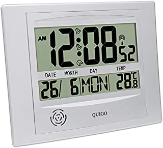 QUIGO Digital Wall Clock Atomic Desk Alarm Large Display Battery Operated Bedroom Office Indoor Temperature (Silver)