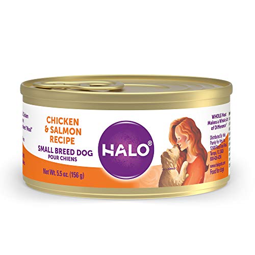 Halo Grain Free Natural Wet Dog Food - Small Breed Recipe - Premium and Holistic Real Whole Meat Chicken & Salmon Recipe - 5.5oz Can (Pack of 12) - Sustainably Sourced Puppy Food - BPA Free & Non-GMO