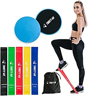 Thirty48 Gliding Discs Core Sliders and 5 Exercise Resistance Bands | Strength, Stability, and Crossfit Training for Home, Gym, Travel | User Guide & Carry Bag (Resistance Bands + Core Slider(Blue))