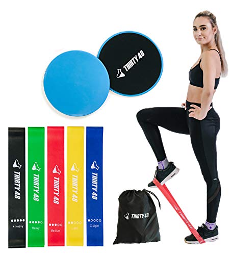 Thirty48 Gliding Discs Core Sliders and 5 Exercise Resistance Bands | Strength, Stability, and Crossfit Training for Home, Gym, Travel | User Guide & Carry Bag (Resistance Bands + Core Slider(Blue))